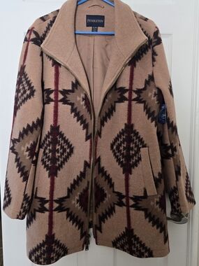 Pendleton Tan Aztec-Pattern Wool Zip-Front Pea Coat